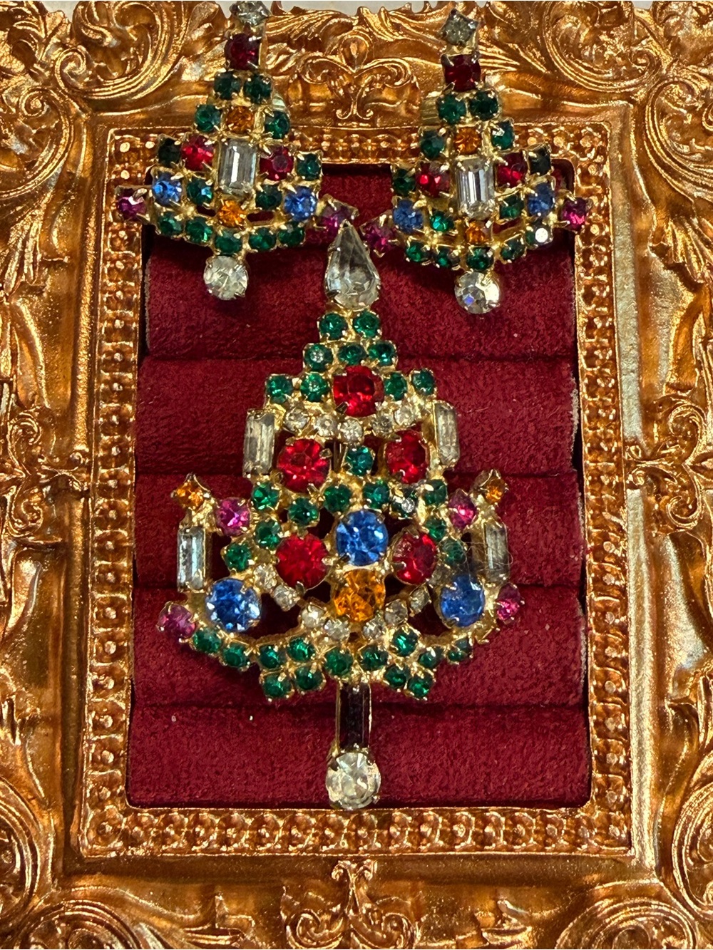 Vintage Signed Warner Christmas Tree Brooch Clip Earrings Set Stunning!